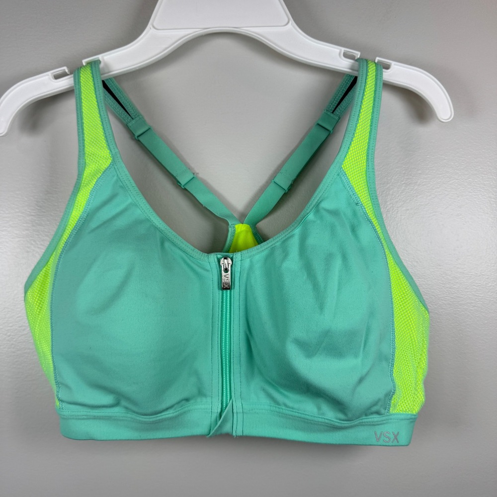 Victorias Secret VSX Front Zip Sports Bra Mint Green Neon Yellow 36B Underwire‎